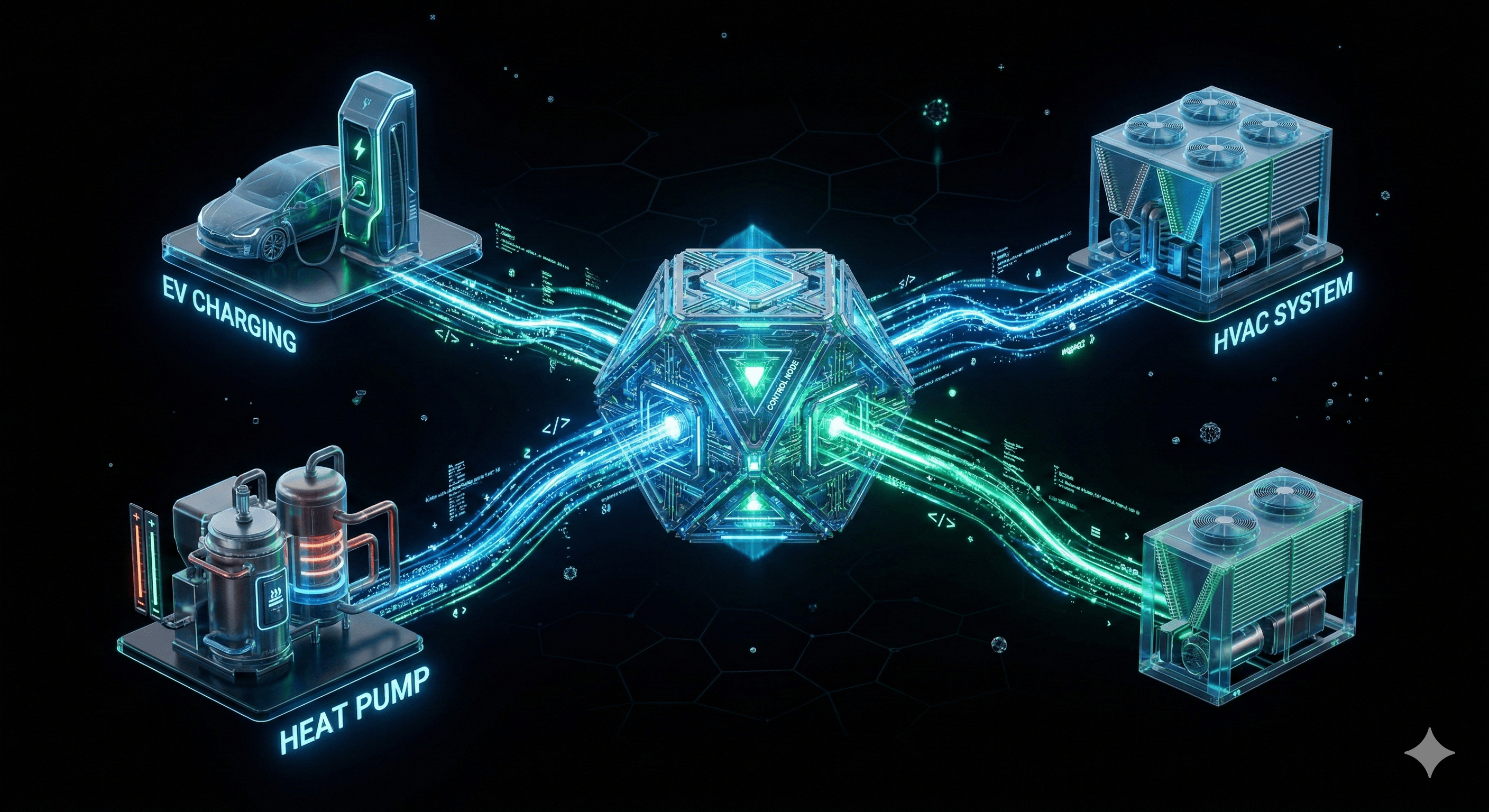 Futuristic control node managing EV charging, HVAC, and heat pump systems via glowing energy streams.