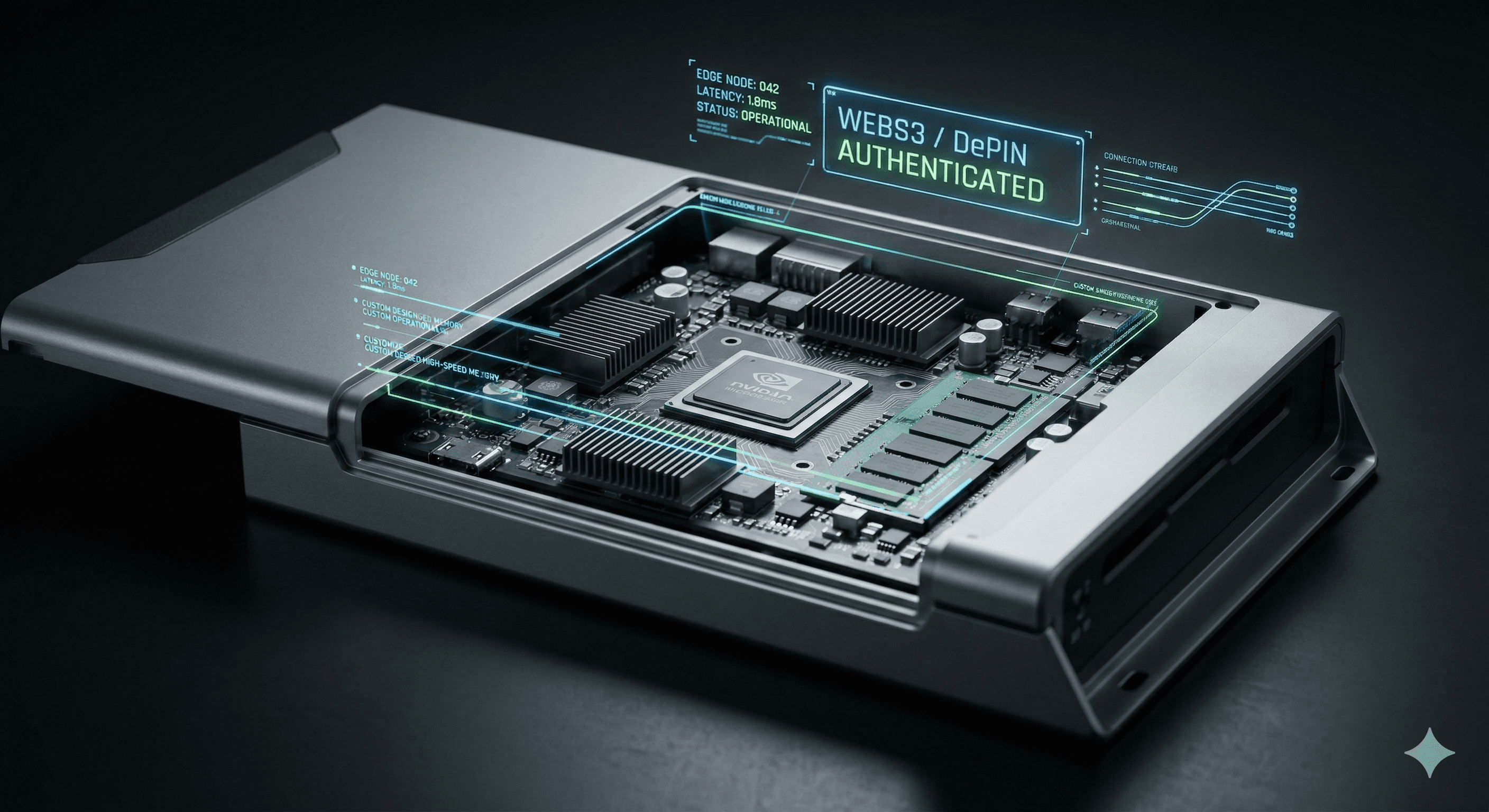 Sleek hardware showing an internal NVIDIA processor and holographic overlays for Web3 and DePIN authentication.