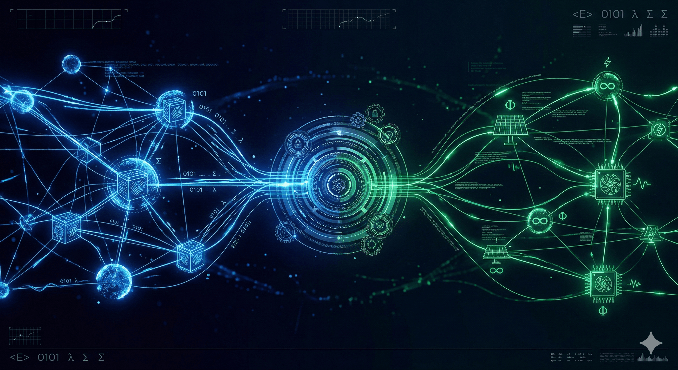 Complex futuristic network with glowing blue and green nodes representing data, energy, and computing.